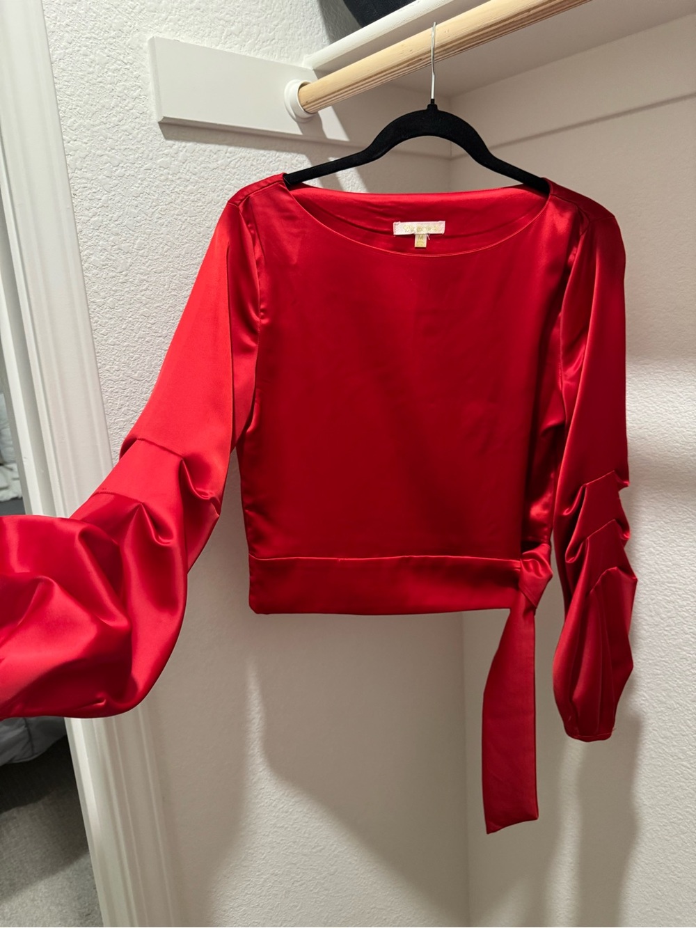 Red Satin Long-Sleeve Tie-Waist Crop Top